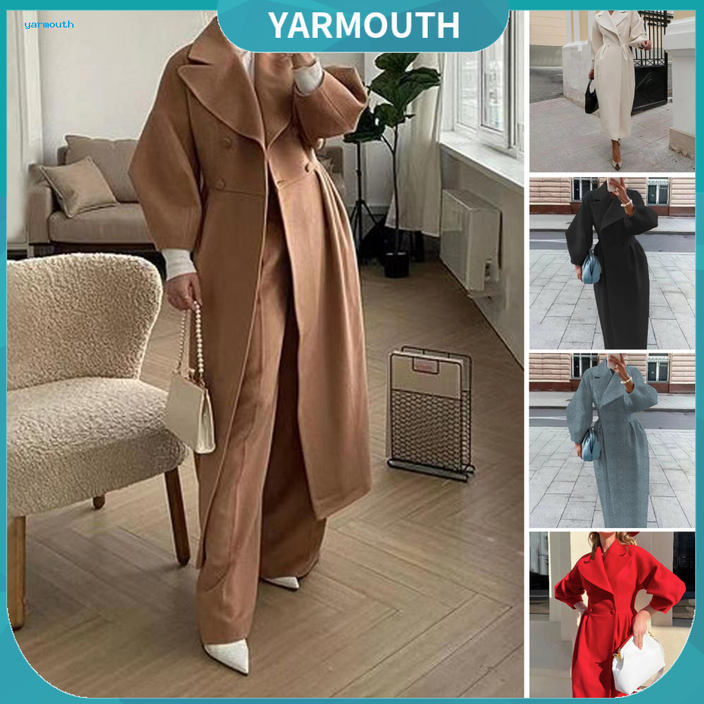 Lapel Collar Jacket Women Coat Women’s Woolen Double-breasted Turn-down Retro Style Thermal Long Lantern Sleeves Solid