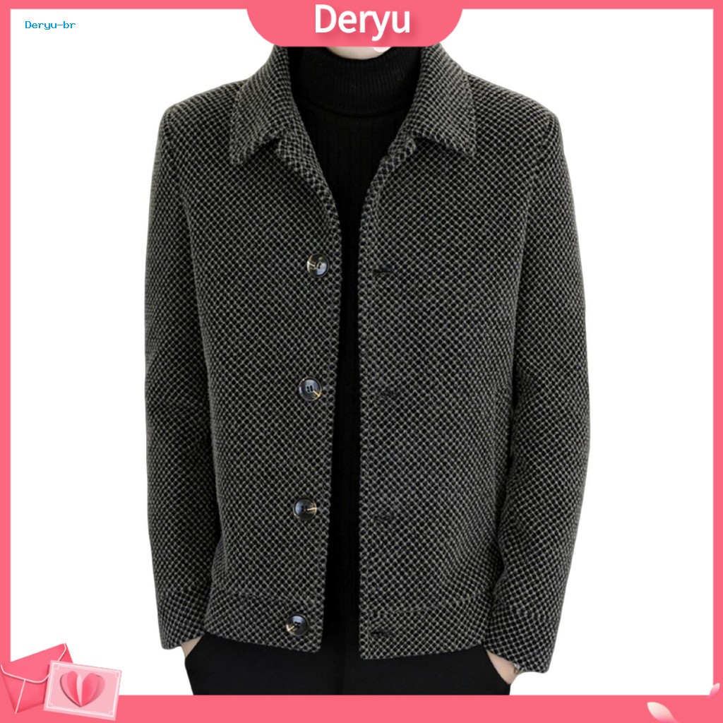 Solid Color Men Coat Woolen Men's Long Sleeve Lapel Single Breasted Button Jacket Winter Outerwear Regular Fit Warm Wool