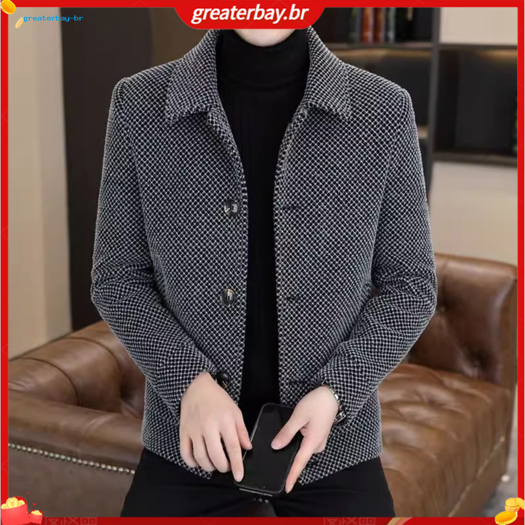 Men's Woolen Long Sleeve Lapel Coat Single Breasted Winter Jacket Solid Color Button Design Regular Fit Outerwear for Co
