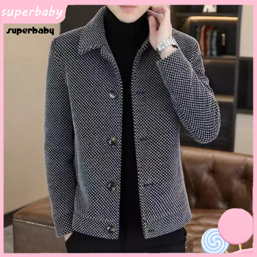 Men Jacket Coat Woolen Men's Long Sleeve Lapel Single Breasted Winter Solid Color Button Design Regular Fit Outerwear fo