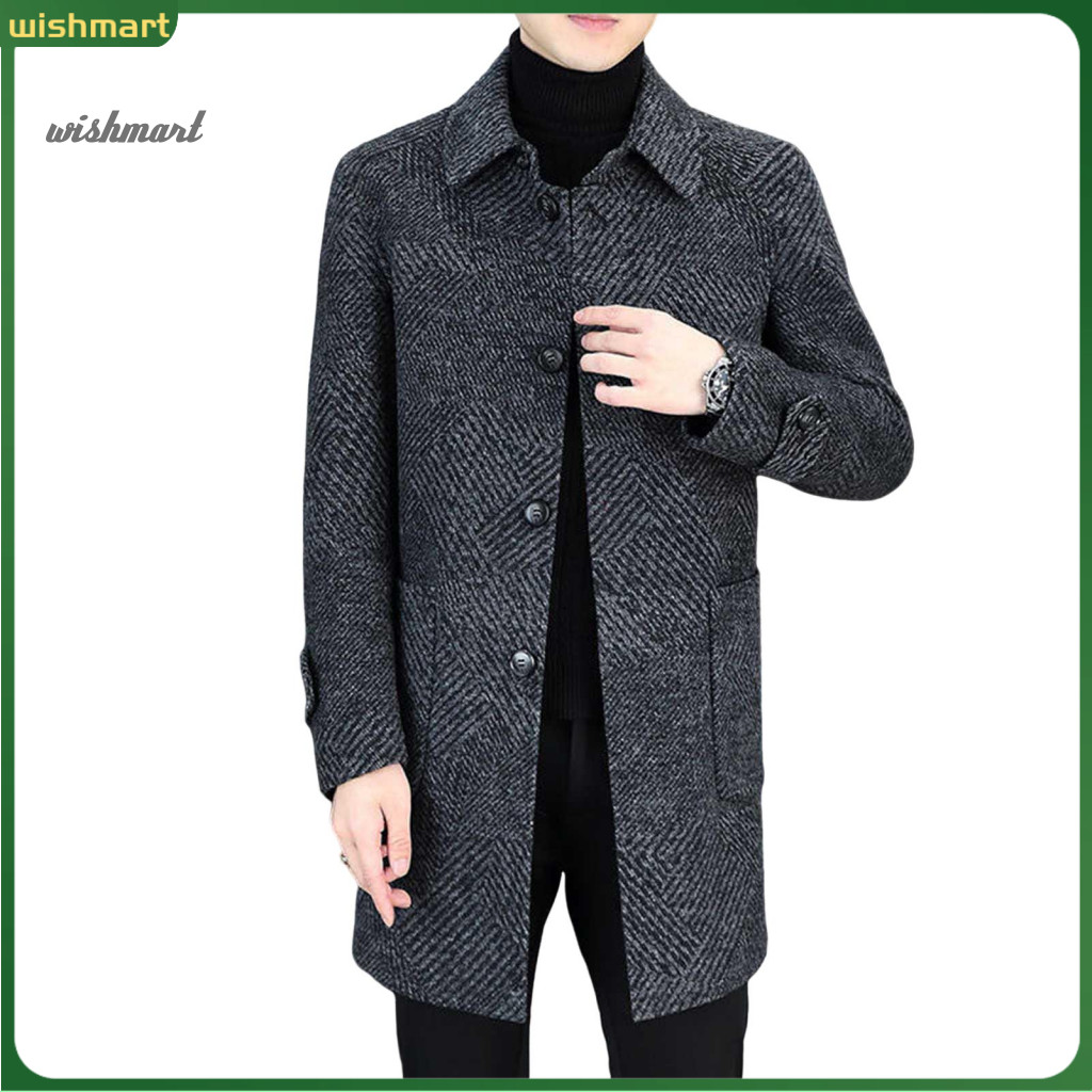 Mid-length Outerwear Men Woolen Coat Men's Overcoat with Lapel Single-breasted Long Sleeve Pockets – Casual and Daily