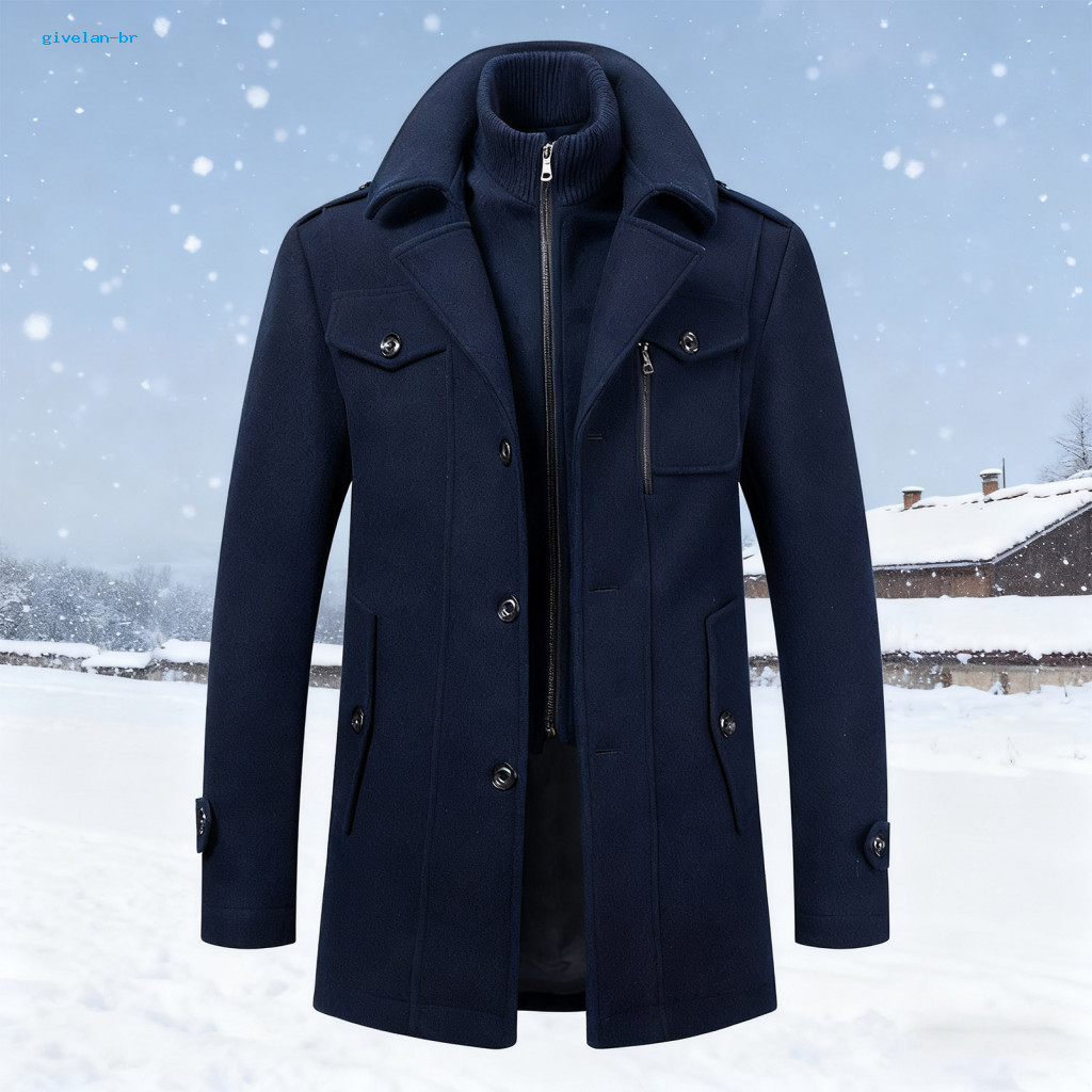 Men Woolen Coat Noble Button Cuffs Men's Mid-length Business Stand Collar Lapel Long Sleeve Solid Color Windbreaker with