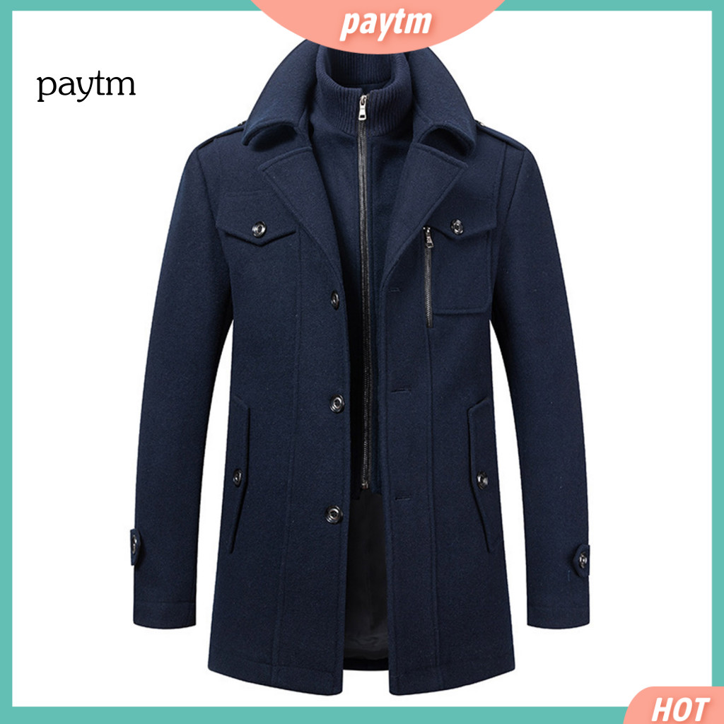 Men Breathable Coat Anti-wrinkle Wool Men's Woolen Mid-length Business Stand Collar Lapel Long Sleeve Solid Color Windbr