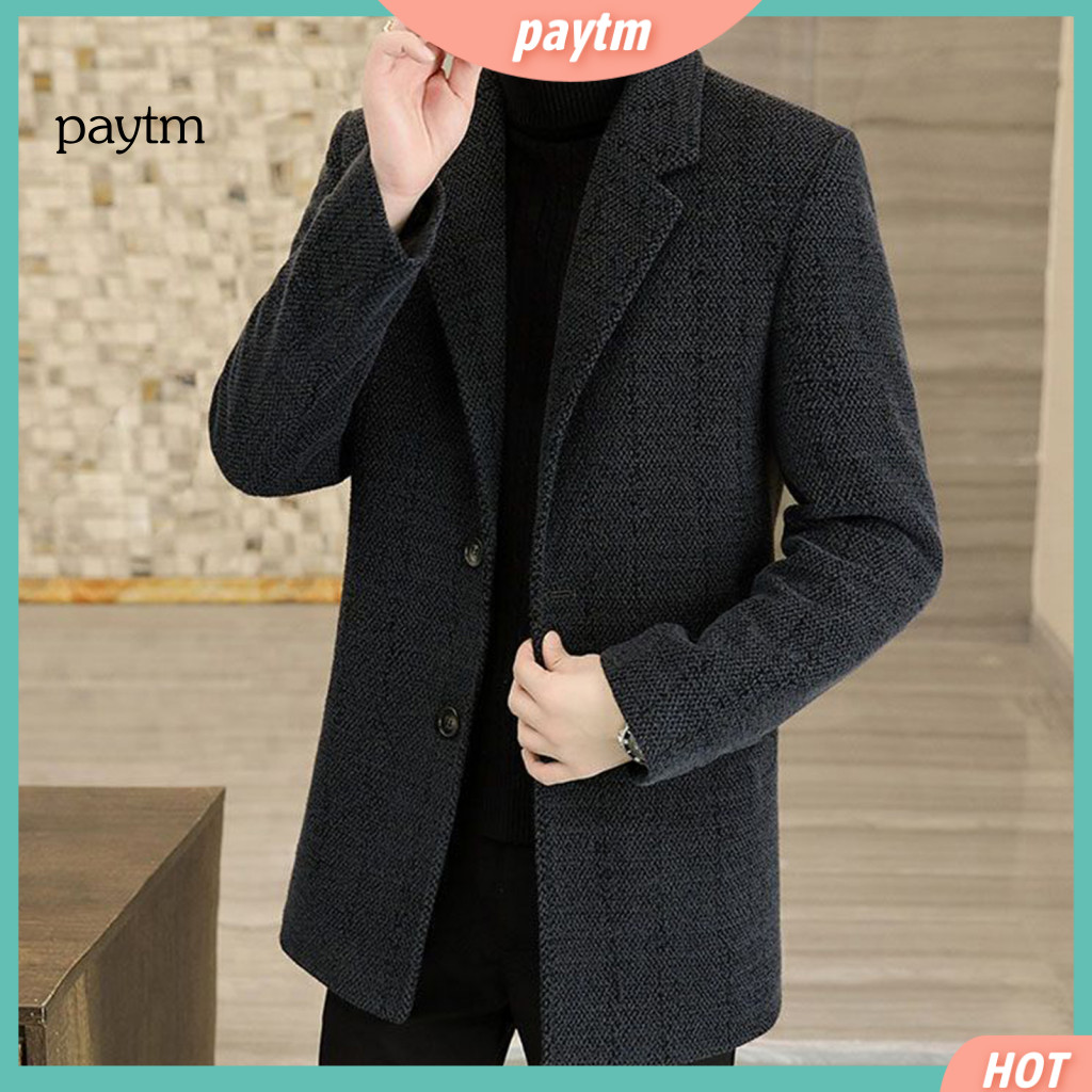 Casual Outerwear Breathable Coat Men's Woolen Long Sleeve Single Breasted Jacket with Pockets Loose Fit Lapel for Cold W
