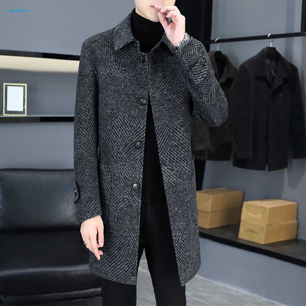 Handsome Men Coat Woolen Men's Mid-length Overcoat with Lapel Single-breasted Long Sleeve Pockets – Casual and Daily W