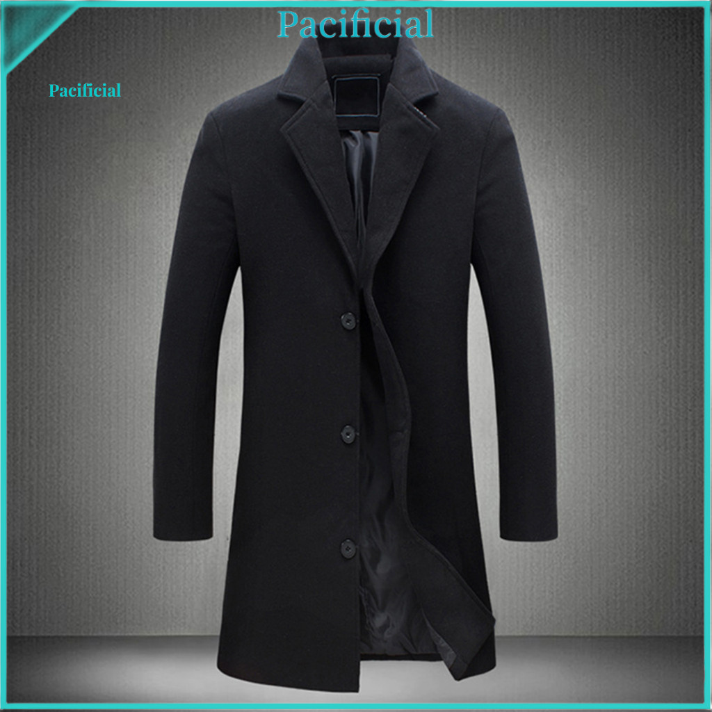 Men Woolen Coat Breathable Windbreaker Men's Notch Lapel Long Sleeve Single Breasted Solid Color Overcoat Windproof Busi