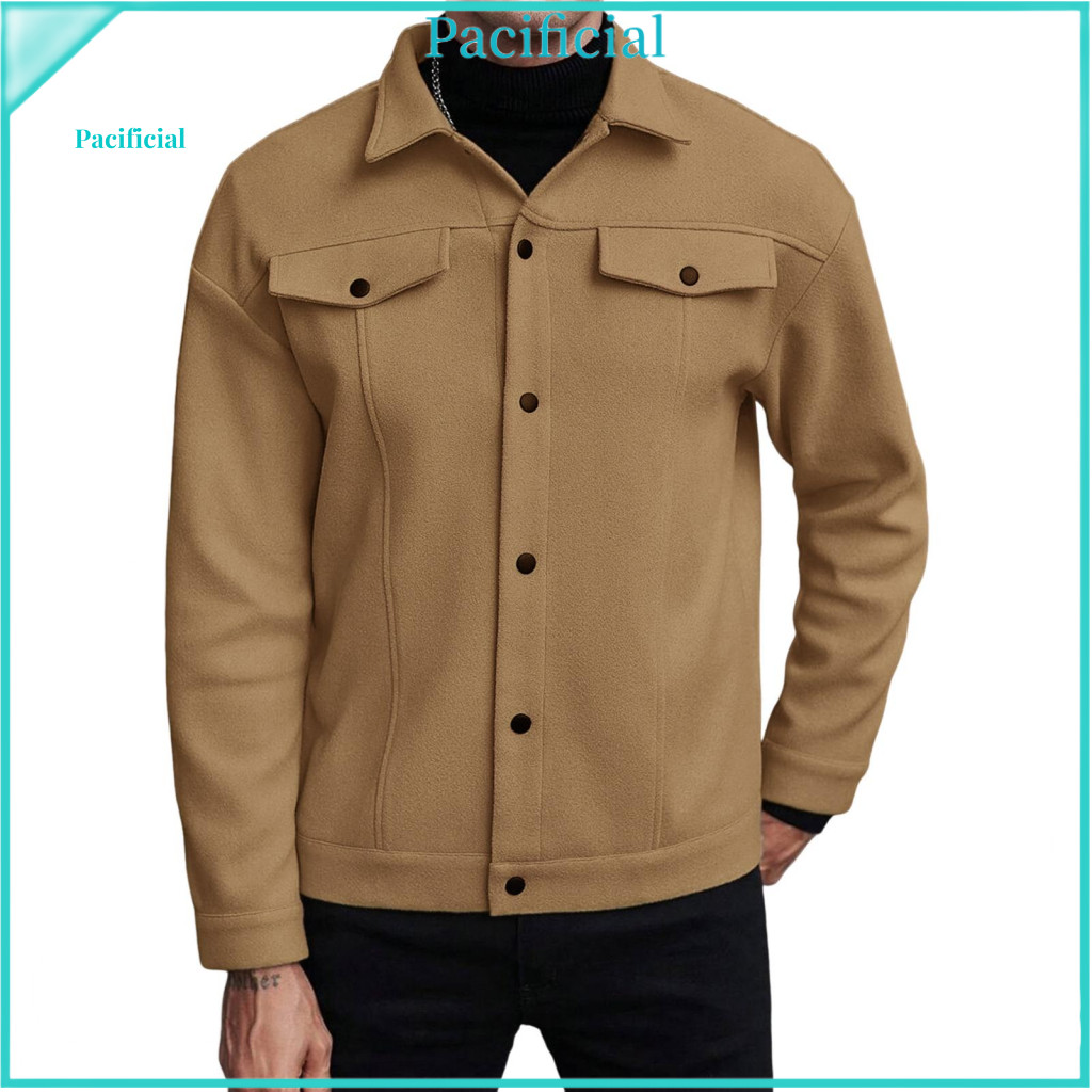Spring Autumn Winter Jacket for Men Versatile Men's Woolen Lapel with Flap Pockets Long Sleeve Solid Color Coat for Busi