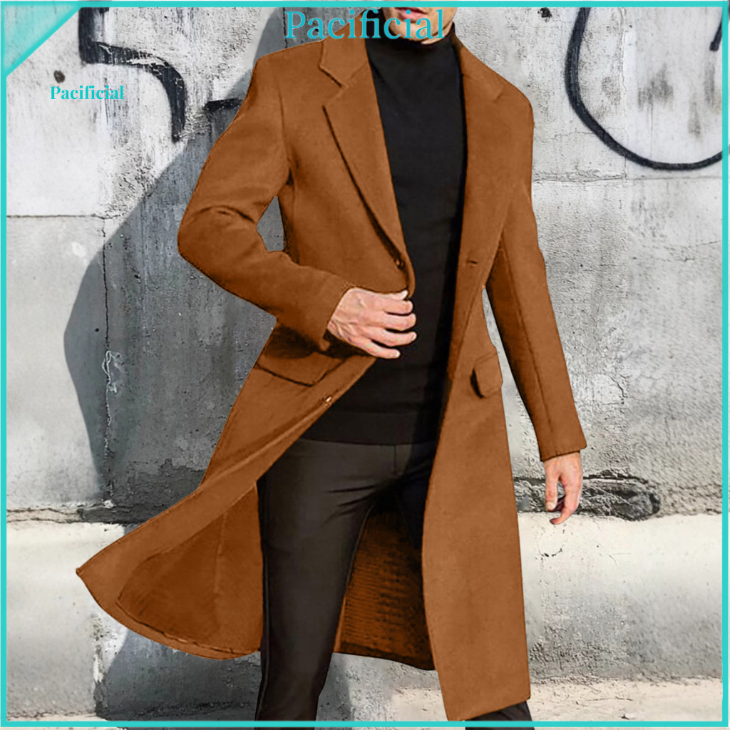 Warm Men Jacket Wool Blend Coat Men's Woolen Mid-length Retro Style Windbreaker with Lapel Collar Long Sleeves Button Pl