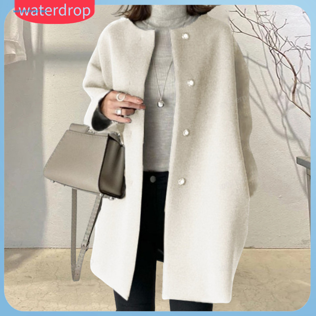 Women’s Fall Winter Woolen Coat Mid-length Button-down Jacket Round Neck Loose Fit Long Sleeves Solid Color Outerwear