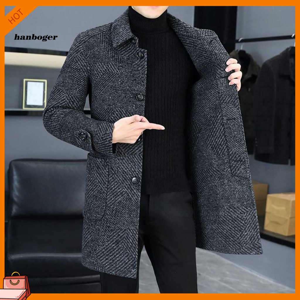 Men Woolen Coat Men's Mid-length Overcoat with Lapel Single-breasted Long Sleeve Pockets – Casual and Daily Wear Warm