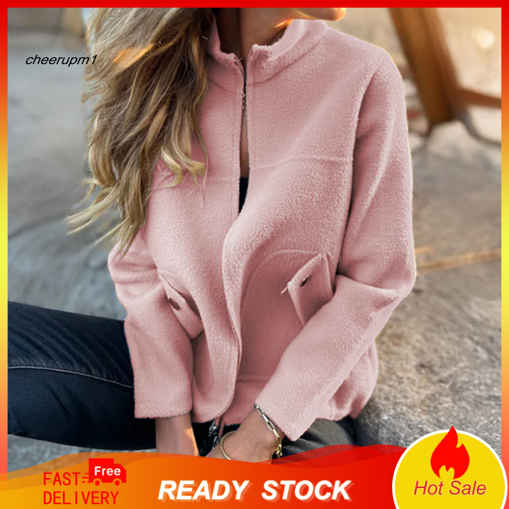 Women Jacket Woolen Coat Women’s with Stand Collar Long Sleeve Warm Pockets – Lightweight Solid Color Outerwear for