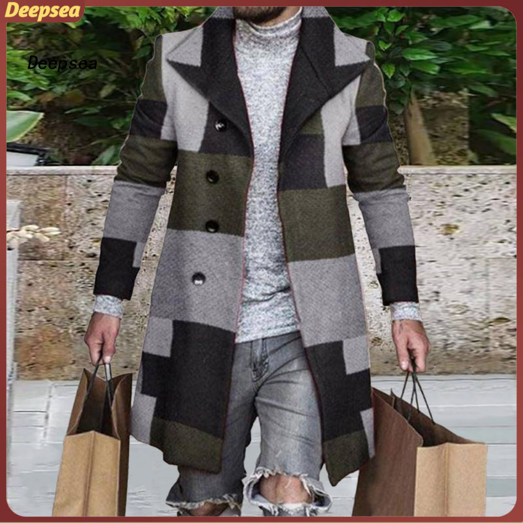 Men's Woolen Plaid Overcoat Mid-length Formal Lapel Coat Single-breasted Winter Outerwear Stylish Long Sleeve Jacket for