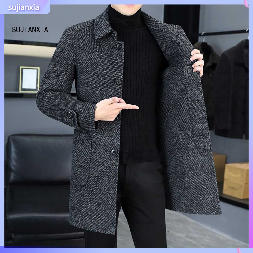 Solid Color Wool Coat Men Woolen Men's Mid-length Overcoat with Lapel Single-breasted Long Sleeve Pockets – Casual and
