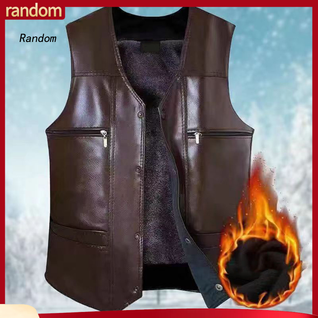 Men Sports Vest Faux Leather Men's Winter Thick Plush Sleeveless Waistcoat with V Neck Multi Pockets Warm Windproof for
