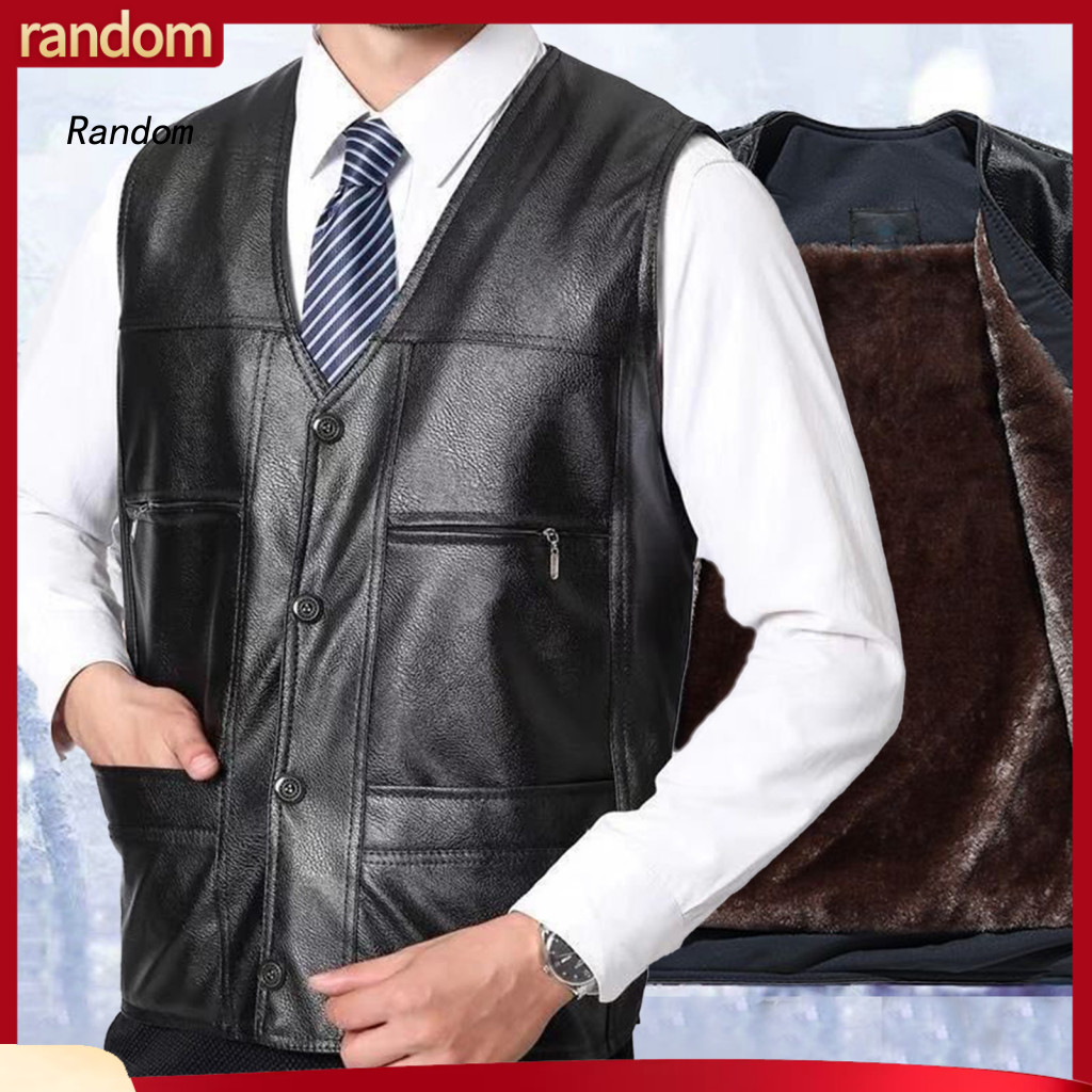 Solid Color Men Vest Faux Leather Men's Winter Thick Plush Sleeveless Waistcoat with V Neck Multi Pockets Warm Windproof