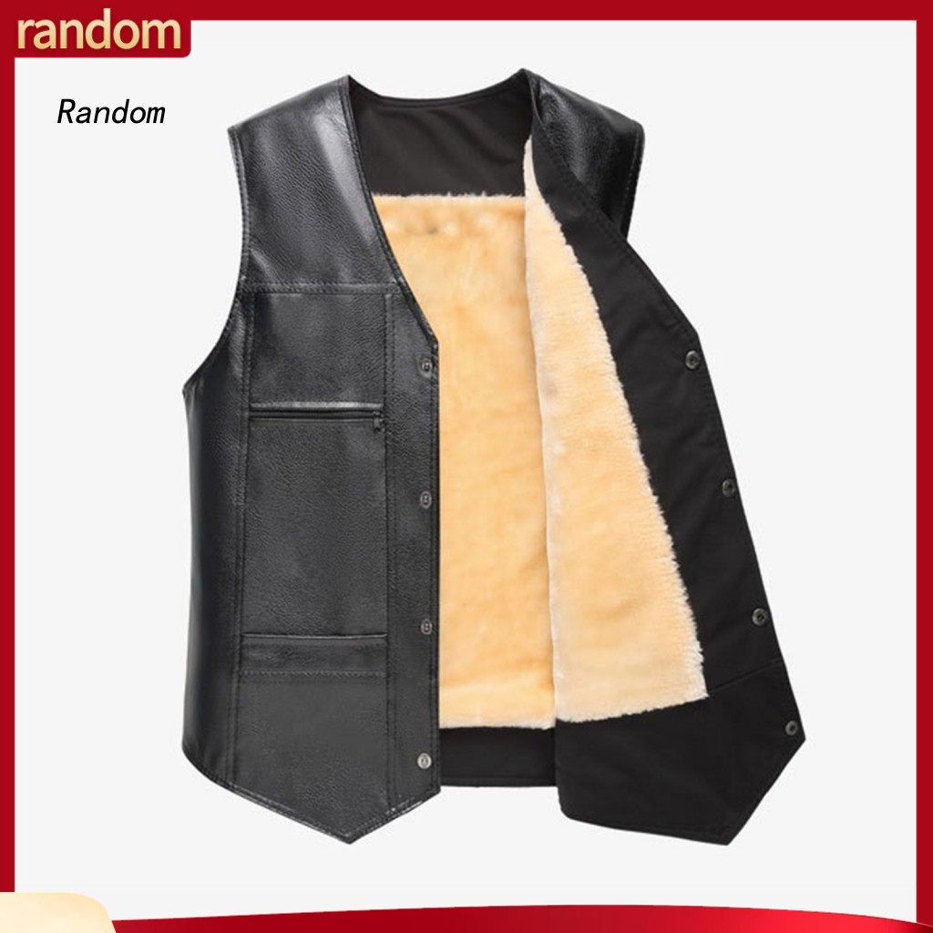 Men Waistcoat Imitation Leather Vest Men's Faux Motorcycle Warm Sleeveless Single-breasted V-neck Jacket for Autumn Wint