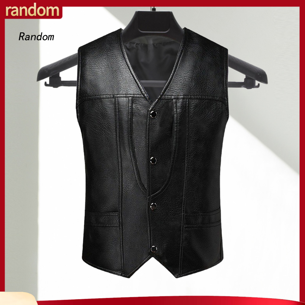 Imitation Leather Vest Men Faux Men's Waistcoat V-neck Slim Fit Sleeveless with Pockets Single Breasted Solid Color Outw