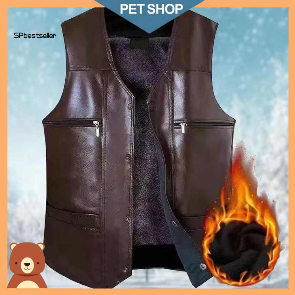 Men Multi Pockets Waistcoat Faux Leather Vest Men's Winter Thick Plush Sleeveless with V Neck Warm Windproof for Middle-