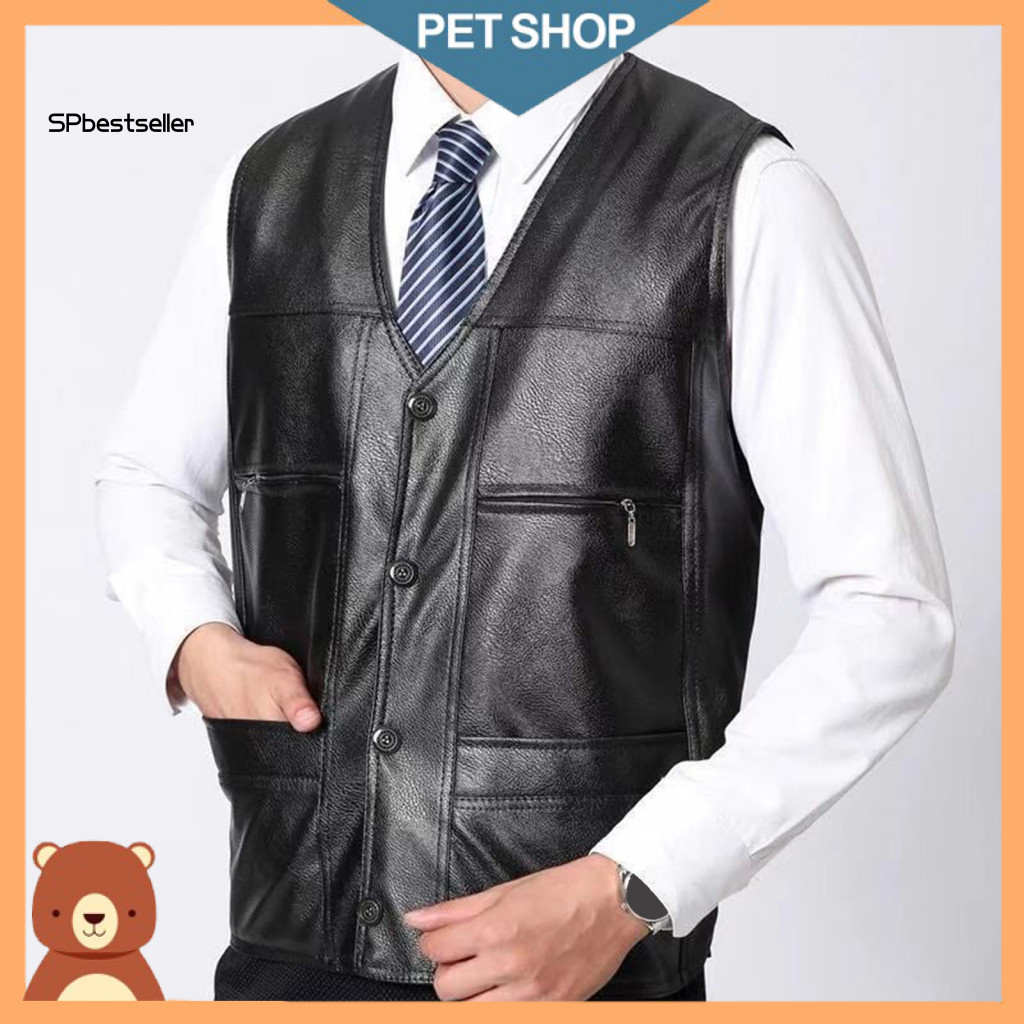 Warm Men Vest Faux Leather Men's Winter Thick Plush Sleeveless Waistcoat with V Neck Multi Pockets Windproof for Middle-