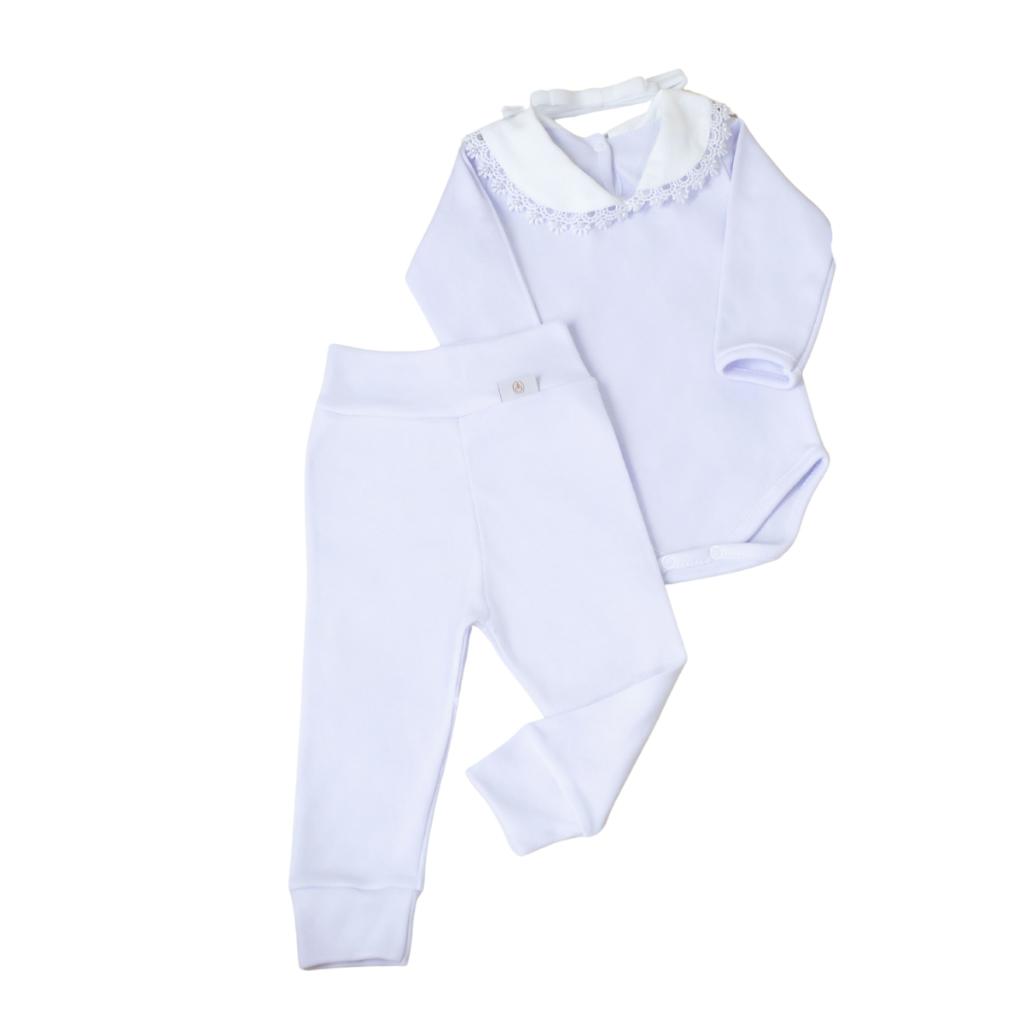 Conjunto Bebê Menina Body e Calça Malha Premium 100% Algodão Renda na Gola Ideal Para Batizado Luxo