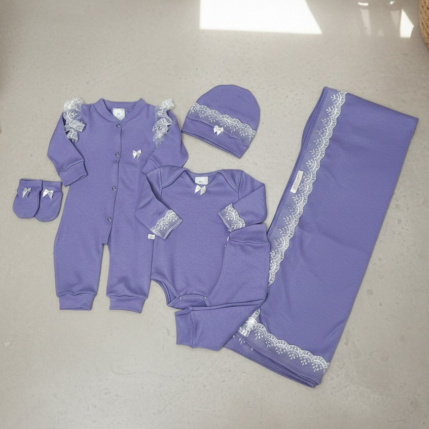 Kit Saída Maternidade Completo Lilás Bebê Feminina 6 Peças RN Roupas Luxo Premium Malha