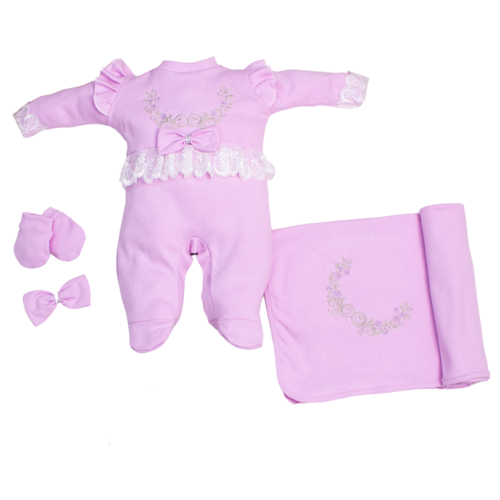 Saída de Maternidade Menina Isis Lilás Luxo 100% Algodão Feminina Bordado Charmosa Malha Confortavel