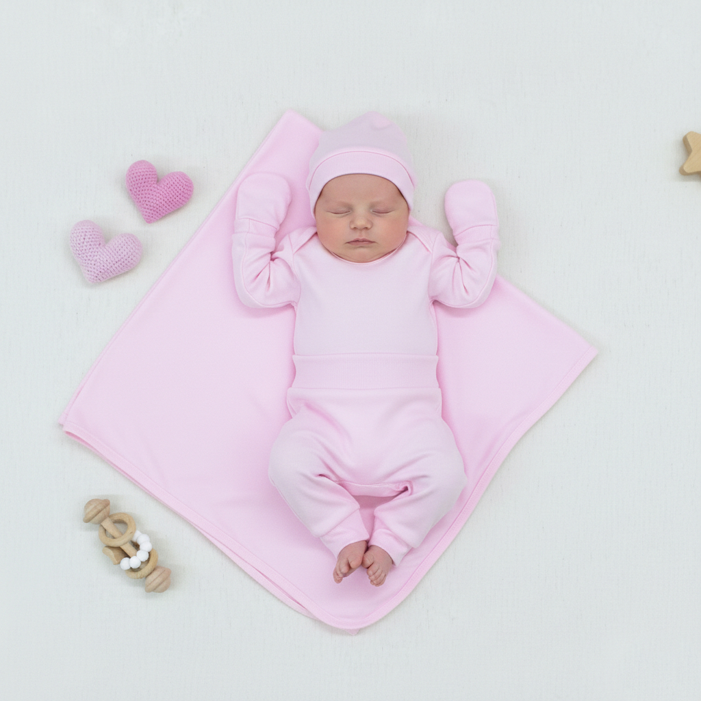 Conjunto Bebê Recém-Nascido 5 Peças Rosa Malha Canelada 100% Algodão Roupa Infantil Luxo