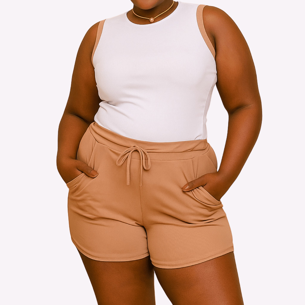 Conjunto Ribana Feminino Plus Size Blusa e Short de Malha Sem Manga Cordão Ajustável Casual Luxo