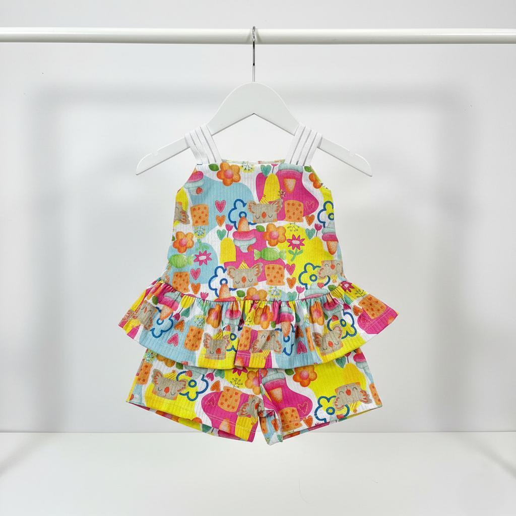 Kit Shorts e Blusinha Infantil Menina Malha Leve Estampas Sortidas Conjunto Verão Confortável Luxo