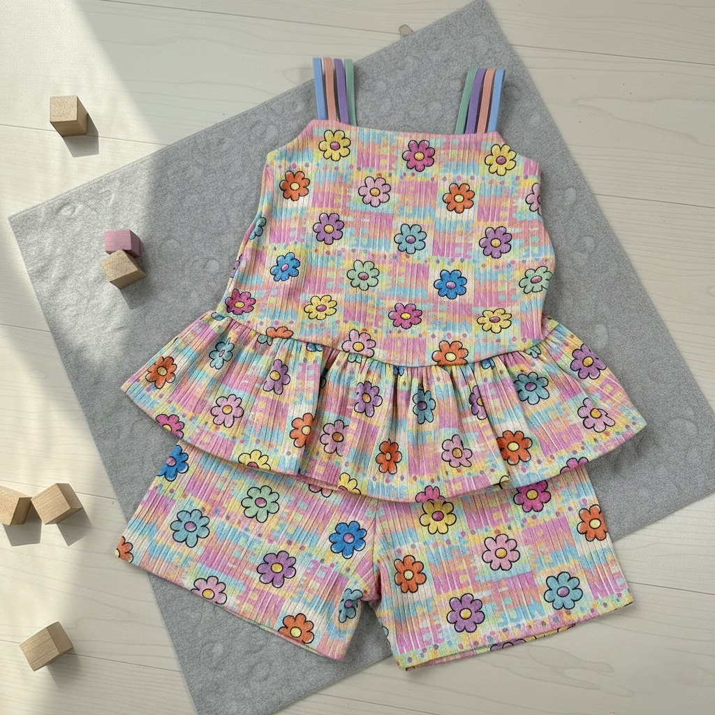 Conjunto Shorts e Blusinha Infantil Menina com Fita Malha Leve Estampas Sortidas Luxo