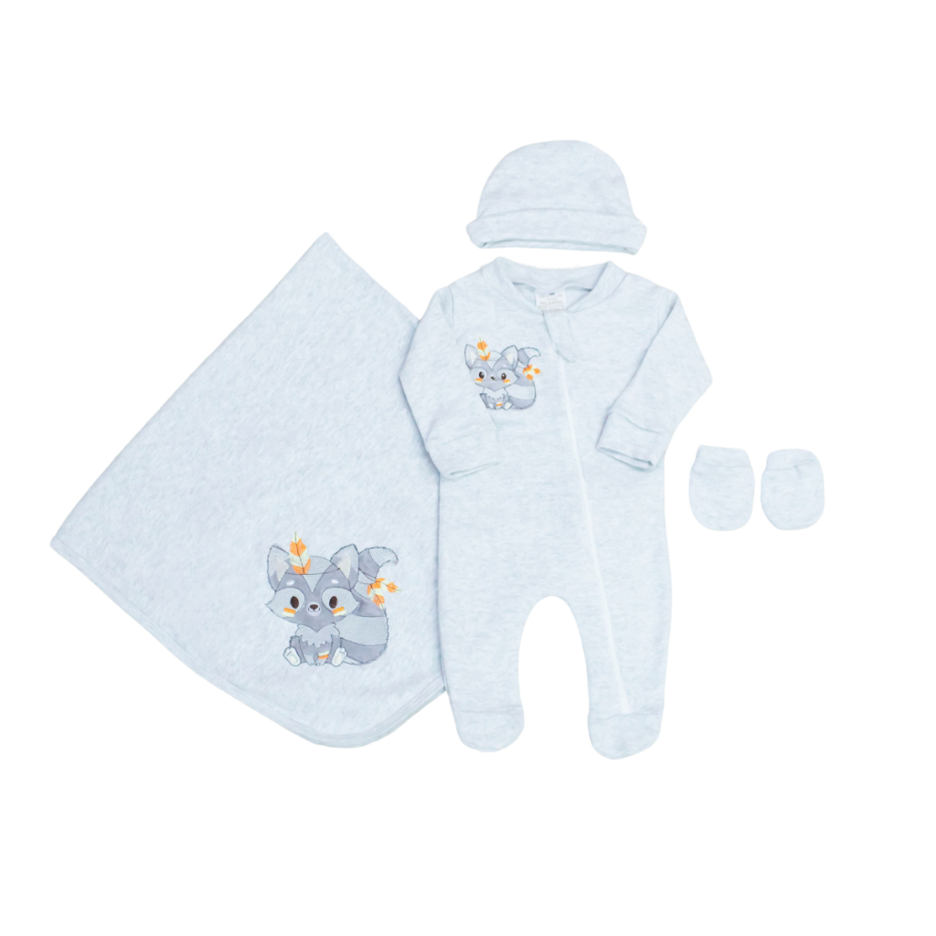 Conjunto Saída de Maternidade Bebê Raposinha Cinza Malha Algodão com Zíper Unissex Premium Luxo
