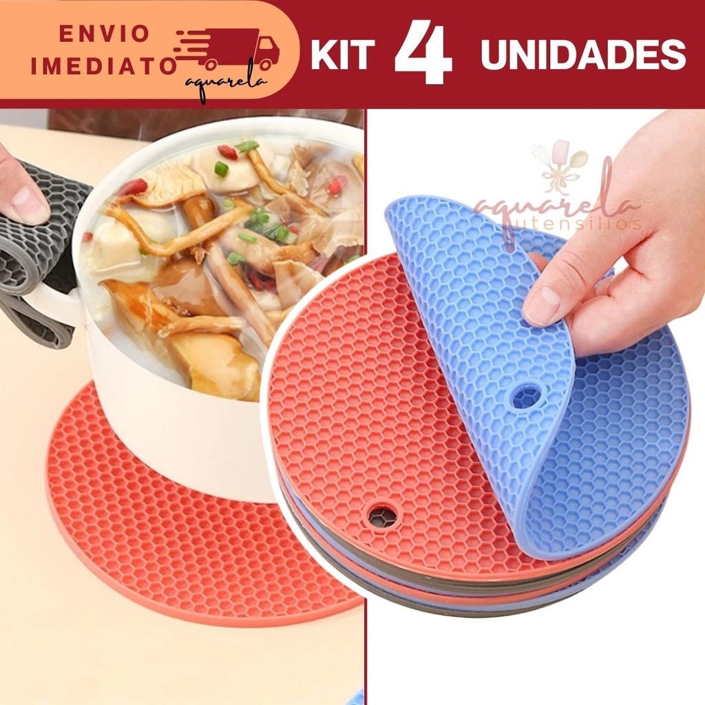 Jogo 4 Apoio de Panela em Silicone 18cm Protetor  Descanso Almofada Resistente ao Calor
