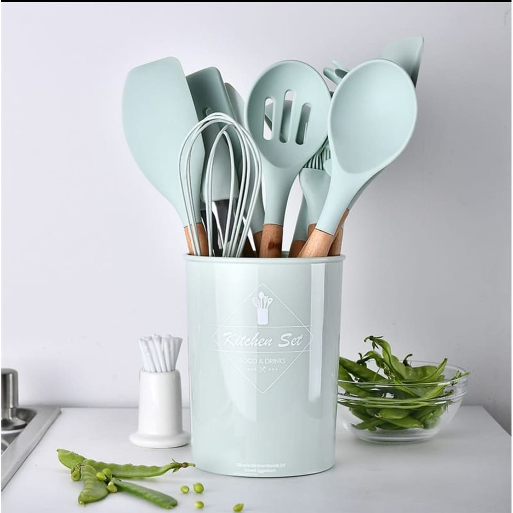 KIT C/12 UTENSILIOS DE COZINHA SILICONE CABO DE MADEIRA