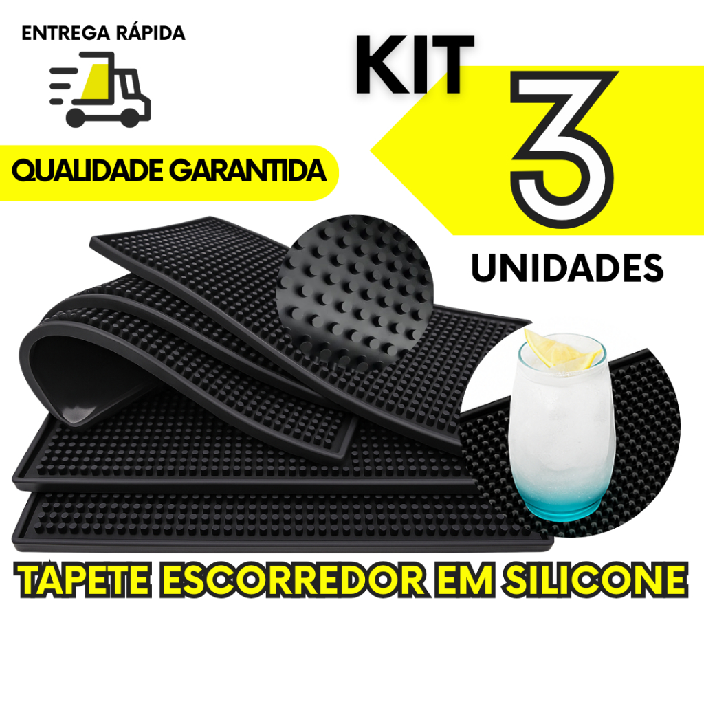 Jogo 3 Tapete De Silicone Escorredor 30x15 Versátil Para Louças Copos Bar Mat Mesa Drink Barbearia