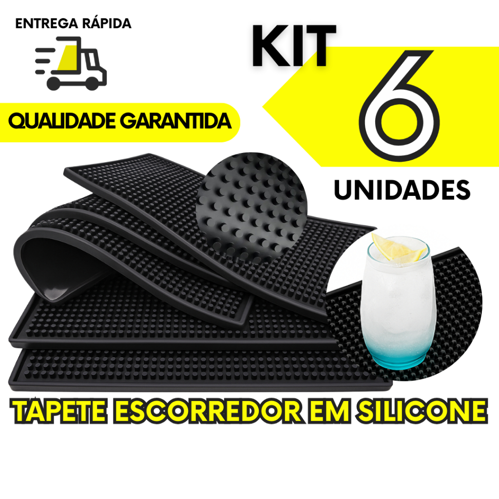 Jogo 6 Tapete Escorredor PVC Em Silicone 30x15 Copos Louças Pratos Utensílios Drinks Chopp Whisky