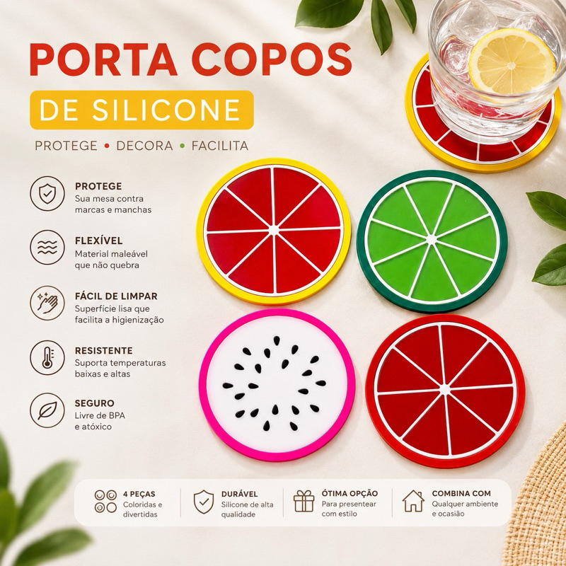 Porta Copos Silicone Colorido Formato Frutas Kit 4 Peças Premium