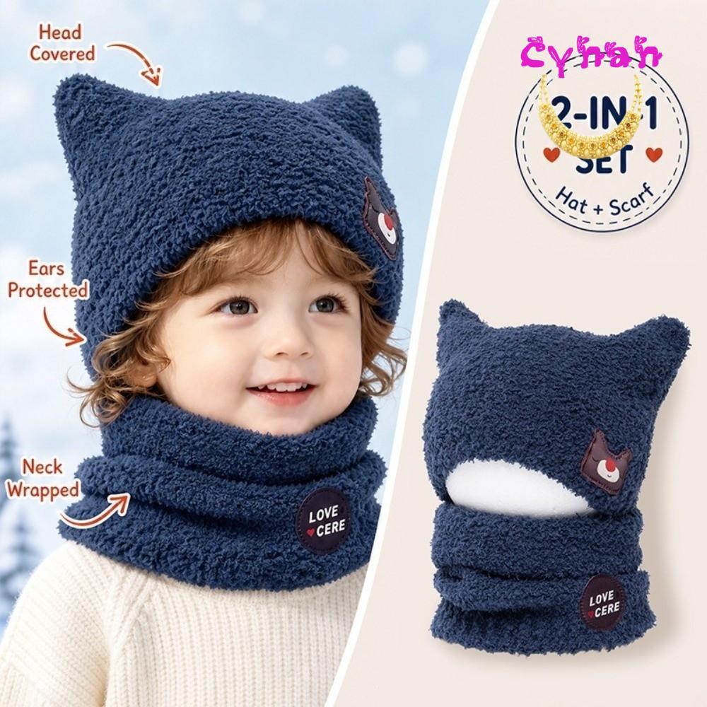 CYNAN Gorro Com Orelha De Gato , Conjunto De Cachecol Aquecedor De Pescoço Forrado De Lã De Pelúcia Macia 2 Peças , Chap