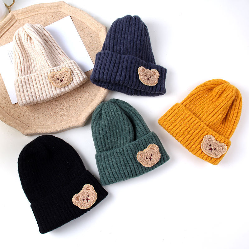 Adorável Urso Bebê Gorros Outono Inverno Doce Cor Quente Da Criança Crânios Boné Para Menino Menina Sólida Lã Malha Chap