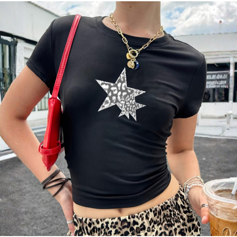 Cropped Justinho Estrela Leopard Print Moda Aesthetic Vintage Algodão