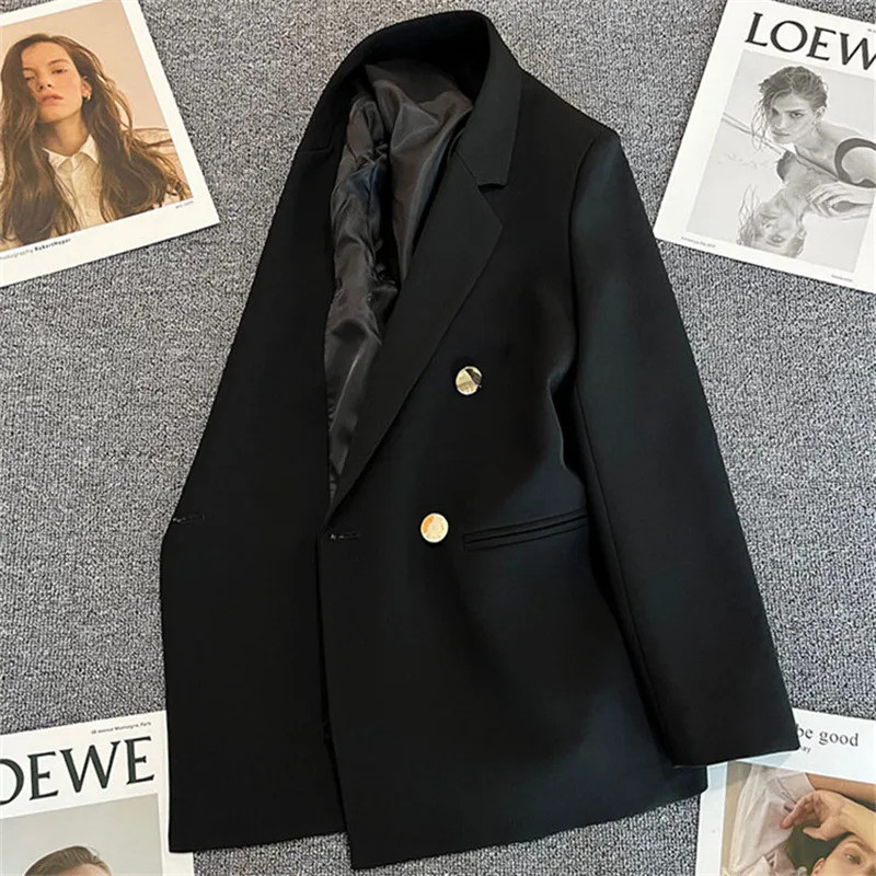 Casaco Blazer Preto Feminino Estilo Coreano Slim Fit Manga Comprida Jaqueta Casual De Escritório Com Bolsos