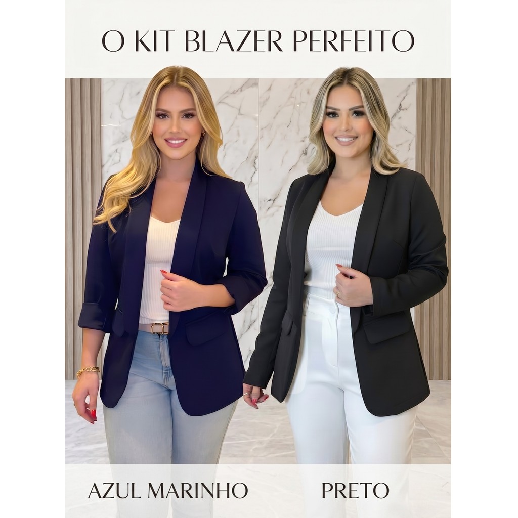 Kit 2 Blazer Feminino Casual Alfaiataria Longo Slim Moderno Dia a Dia Universidade Jovem
