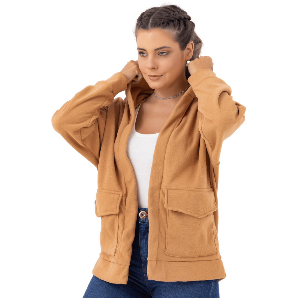 Jaqueta feminina soft peluciado blazer capuz e bolso slim modelagem grande Casual Versátil 5423.C1