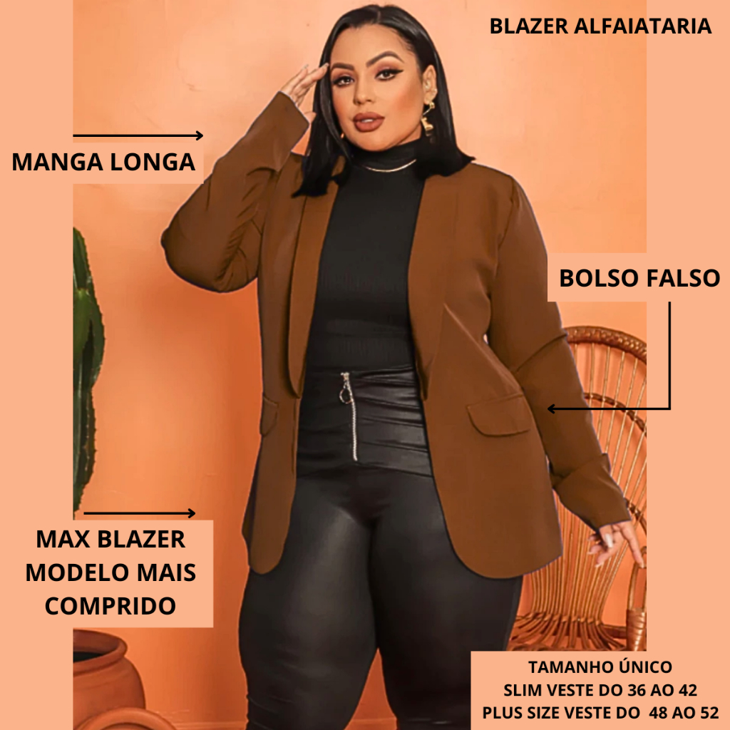 Max Blazer Plus Size e Slim Feminino Acinturado Roupas Femininas Tendência Outono Inverno Elegante Trabalho Festa