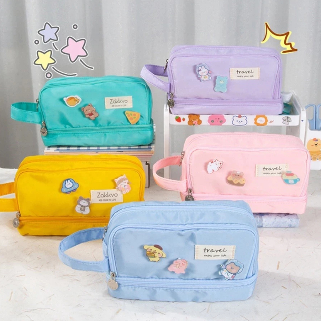 Estojo De Lápis De Grande Capacidade Lona Roxa Kawaii Fofo Cor-De-Rosa Para Estudantes
