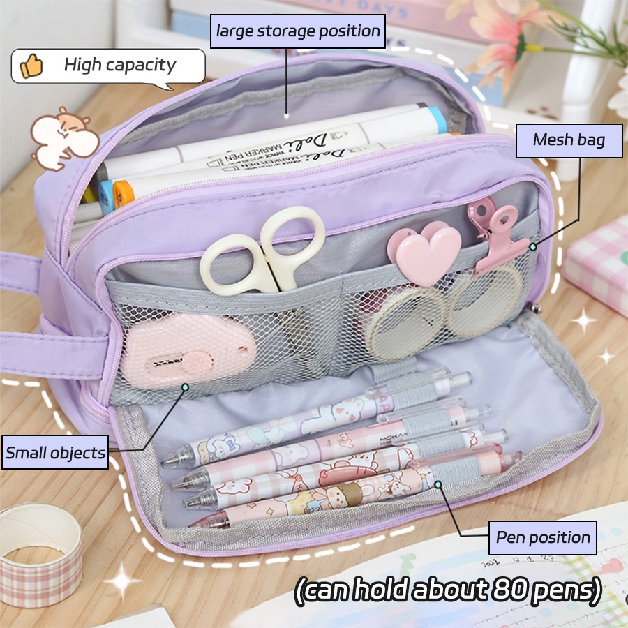 Estojo De Lápis Lona Púrpura De Grande Capacidade Rosa Kawaii Fofo Cosmético Bonito De Volta Para A Escola Estudantes