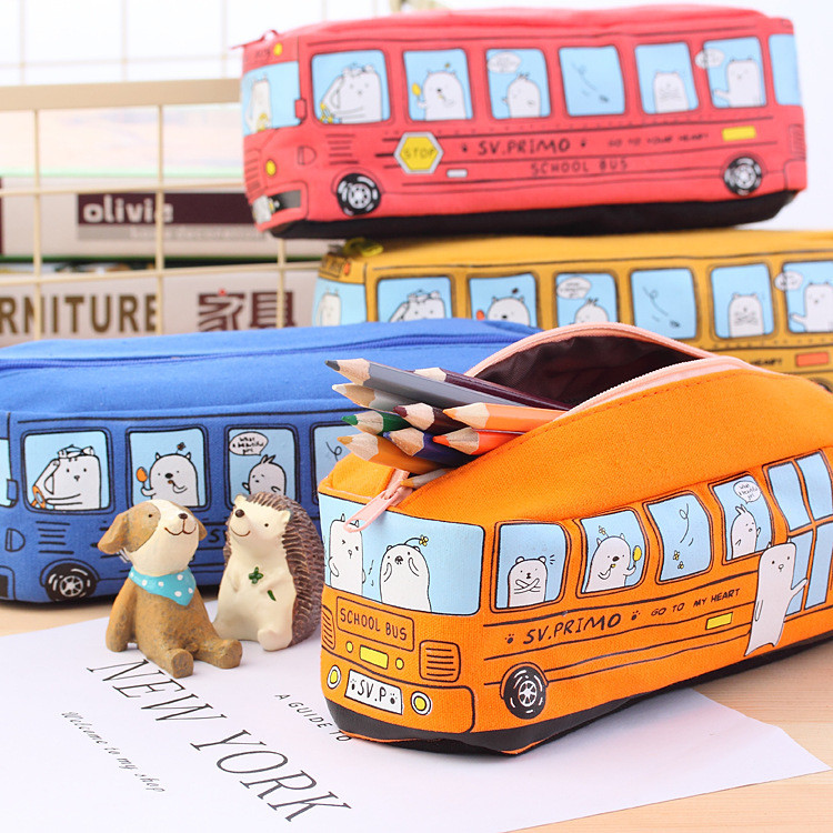 Estojo de lápis em formato de ônibus de desenho animado, estojo de lápis de lona de grande capacidade, bolsa criativa pa