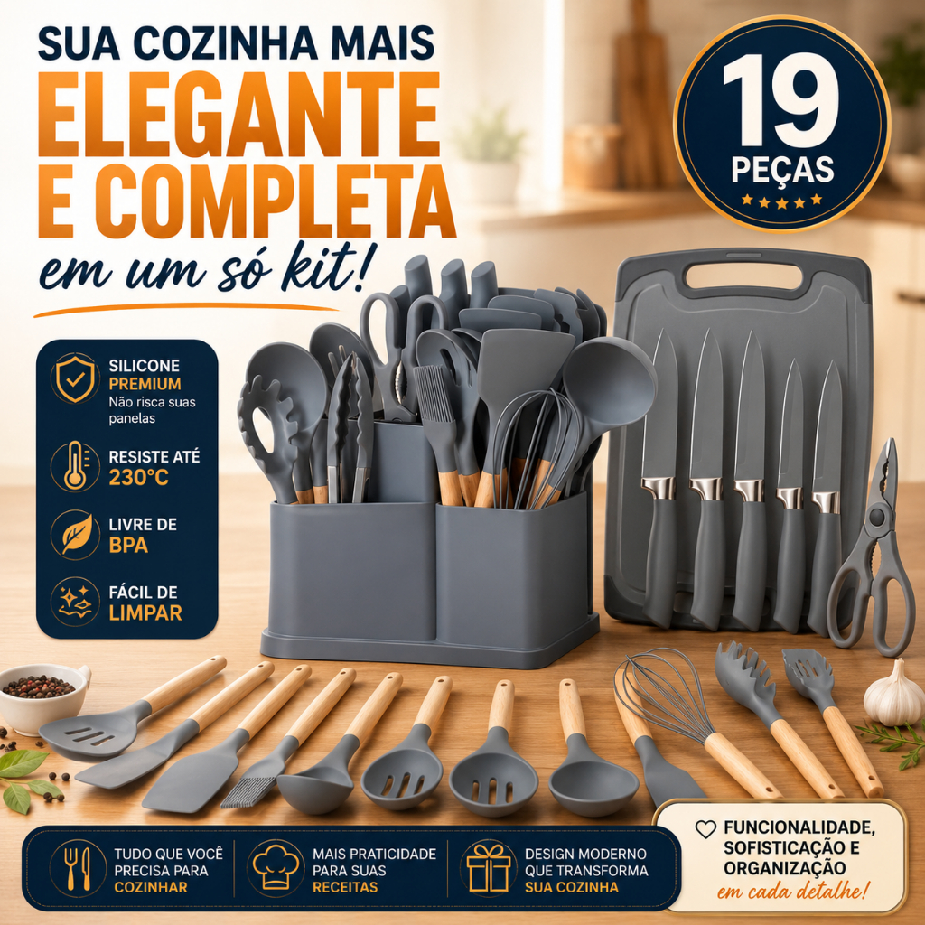 Kit Utensílios de Cozinha Silicone 19 Peças Cabo de Madeira Antiaderente com Facas Tábua Organizador Cinza