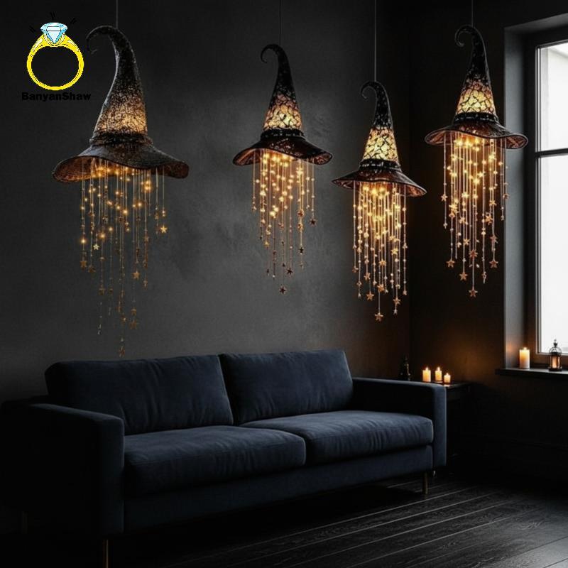 [BANY] Chapéu De Bruxa Iluminado Pendurado Carrilhão De Vento Brilhante Operado Por Bateria Para Janela De Varanda Decor