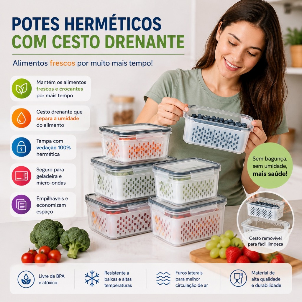 Caixas De Armazenamento De Geladeira De Qualidade Alimentar Com 3 Pacotes-Recipientes Selados De Frutas E Vegetais Cesta