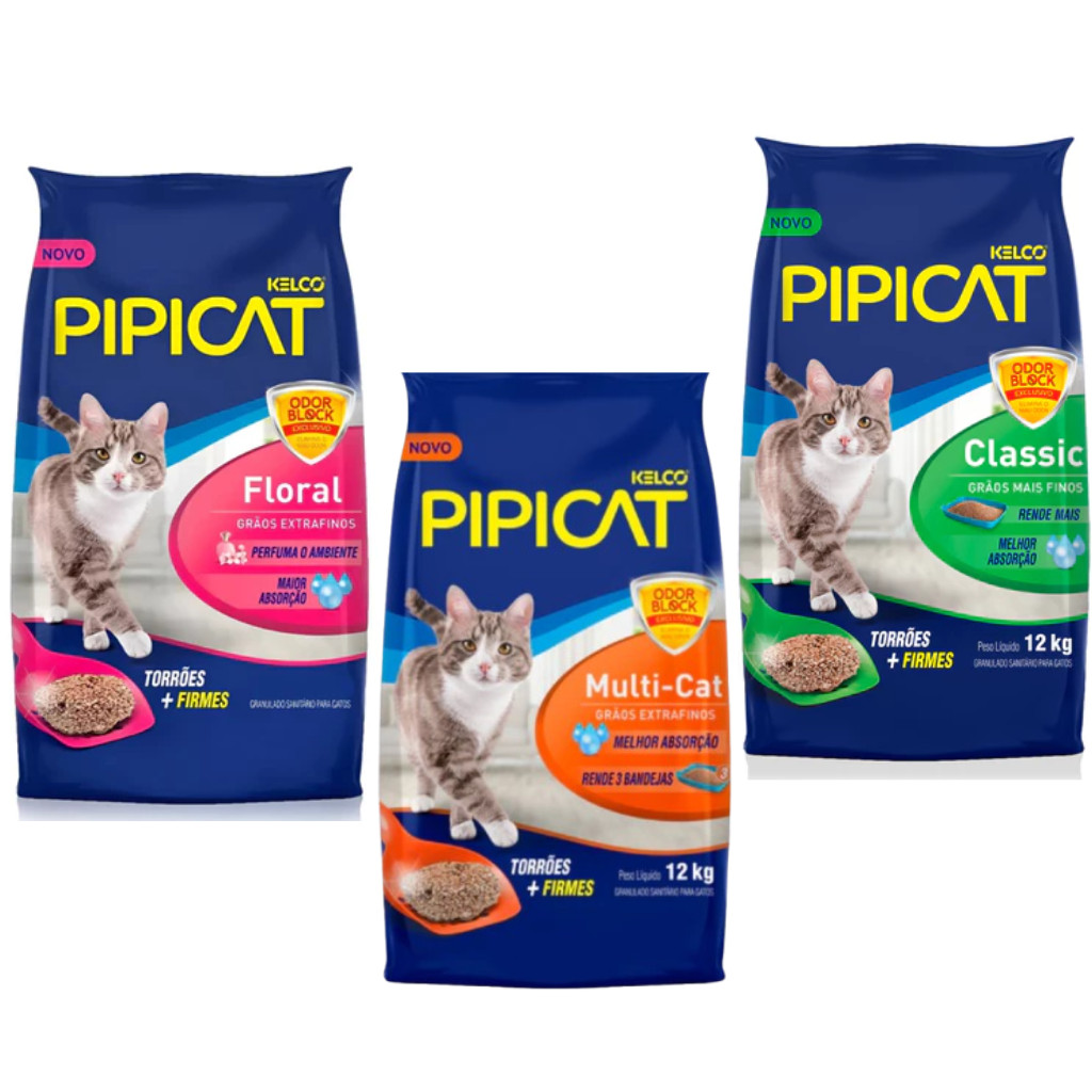 AREIA PARA GATOS PIPICAT CLASSIC, FLORAL E MULTI CAT 12 KG.
